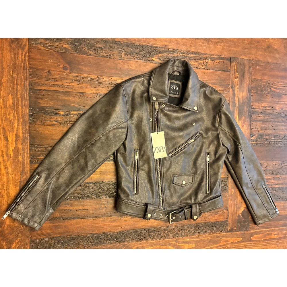 Zara Charcoal Leather Motorcycle Jacket, NWT, Size Medium